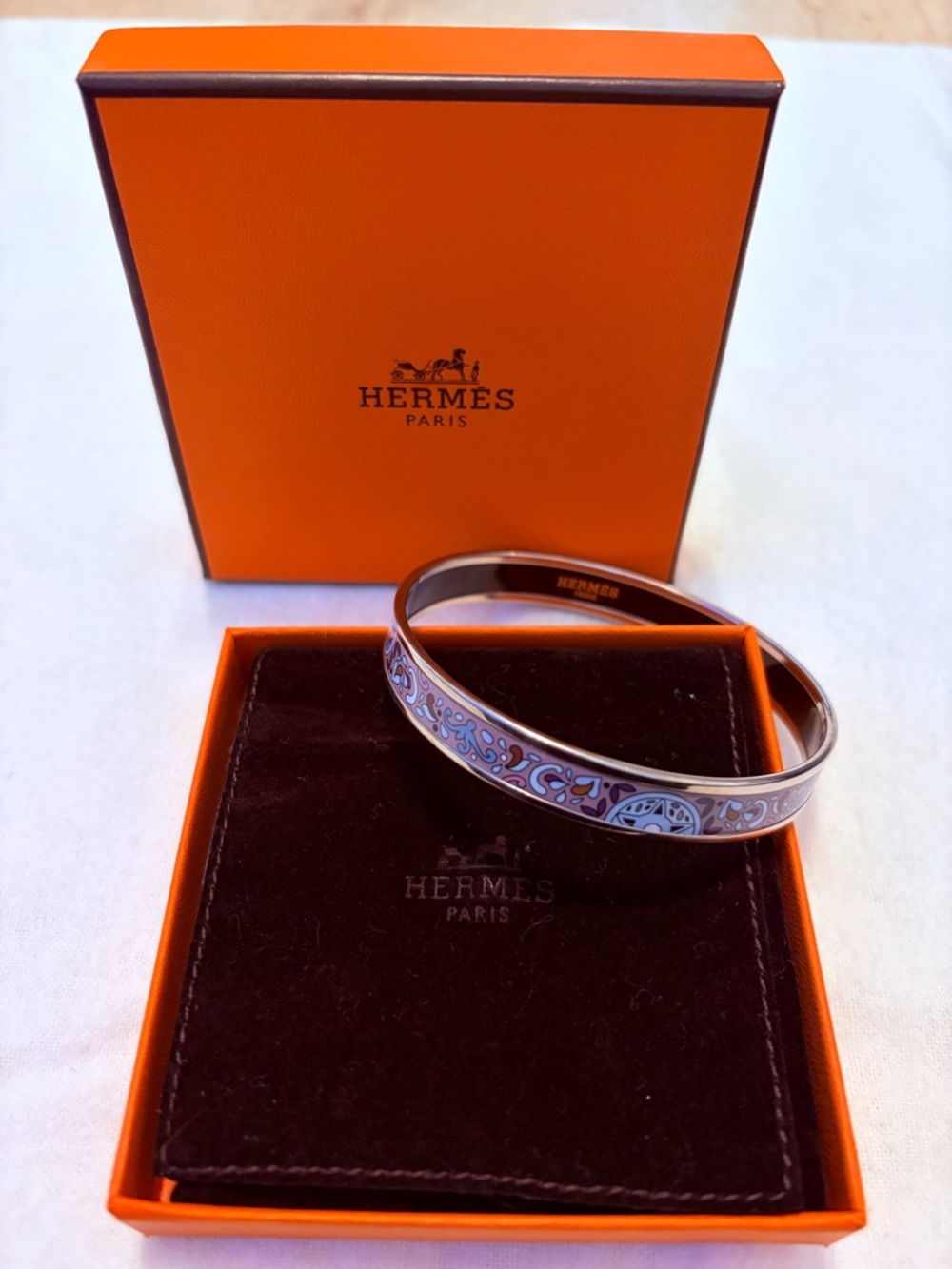 Hermes Enamel Bangle Bracelet in Purple and Pink Paisley